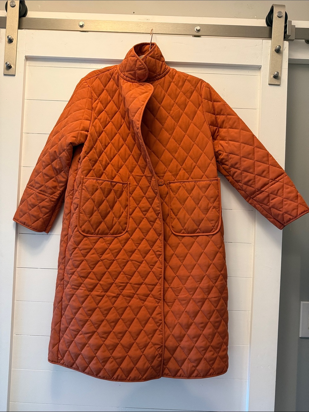 Quilted Long Puffer Coat in Orange - Women's Jacket & Coat